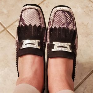 Donald Pliner buckle python driving moccasins